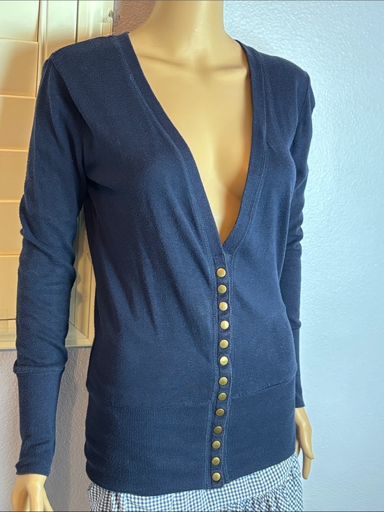 Color Story Sweaters - Color Story Navy Deep V-Front Brass Snap Button Women's Cardigan